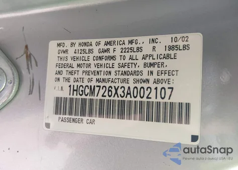 2003 Honda Accord 2.4 Ex z USA, uszkodzony, nr VIN 1HGCM726X3A002107